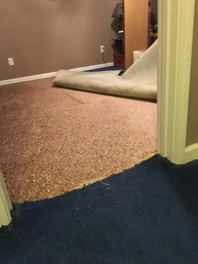 Carpet pad removal revealing water damage during Drying & Dehumidification in South Park